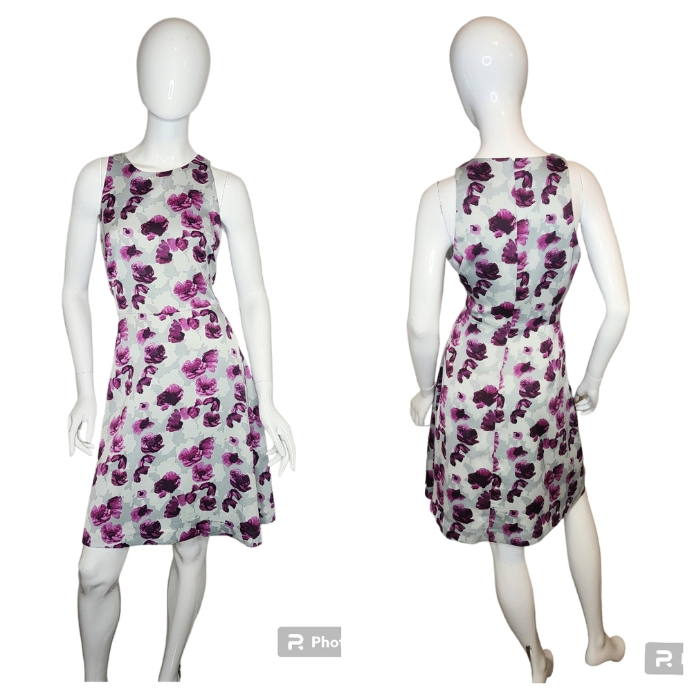 Banana Republic ASYM Purple A-Line Modest Conservative Floral Scoop Neck Dress